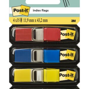 Post-it Index Flags, Small, Yellow, Red, Blue and Green, 11.9 mm x 43.2 mm, 35 Flags/Dispenser, 4 Dispensers/Pack