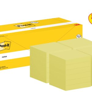 Post-it Notes, Canary Yellow, 76 mm x 76 mm, Promo Pack, 100 Sheets/Pad, 12 + 12 FREE Pads/Pack, Cardboard Pack, 100% PEFC SGSCH-PEFC-COC-110078