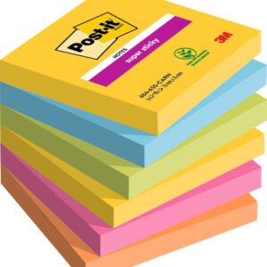 Post-it Super Sticky Notes, Carnival Colour Collection, 76 mm x 76 mm, 90 Sheets/Pad, 6 Pads/Pack, 100% PEFC SGSCH-PEFC-COC-110078