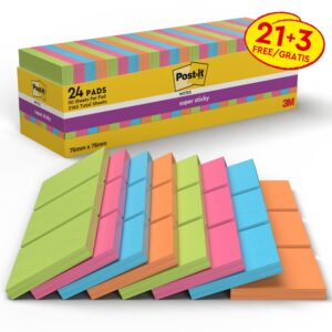 Post-it Super Sticky Notes, Assorted Colours, 76 mm x 76 mm, Promo Pack, 90 Sheets/Pad, 21 + 3 FREE Pads/Pack, 100% PEFC SGSCH-PEFC-COC-110078