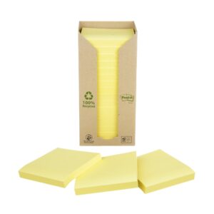 Post-it Recycled Notes, Canary Yellow, 76 mm x 76 mm, 100 Sheets/Pad, 16 Pads/Pack, 100% PEFC Recycled SGSCH-PEFC-COC-110078