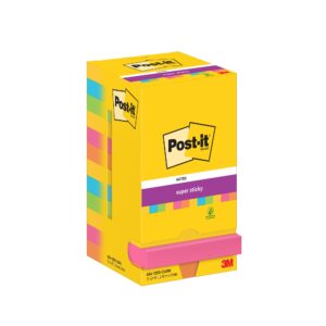 Post-it Super Sticky Notes, Carnival Colour Collection, 76 mm x 76 mm, 90 Sheets/Pad, 12 Pads/Pack, Cardboard Pack, 100% PEFC SGSCH-PEFC-COC-110078