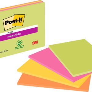Post-it Super Sticky Meeting Notes, Assorted Neon Colours, 203 mm x 152 mm, 45 Sheets/Pad, 4 Pads/Pack, 100% PEFC SGSCH-PEFC-COC-110078