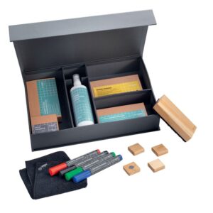Starter set for boards - 4x Board Markers, 4x Wooden Square Magnets, 1x Wooden Board Eraser, 1x Spare Pad, 1x Magnetic Cleaning Cloth, 1x Cleaning Spr
