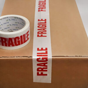 BOX of 72 Rolls Printed BOPP Tape FRAGILE 48mm  66m  38mu Red/ Wht TFB486638 - 12 Packs of 6 Per Box
